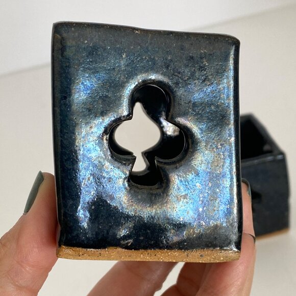 Raku Ceramic Playing Card Votive Candle Holders Heart Spade Diamond Club Set 2 - Picture 10 of 13